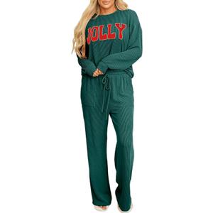 Women Pajamas Set Loungewear Ribbed Long Sleeve Top and Pants with Pockets Lounge Sweatsuit Set (Green, XXL)