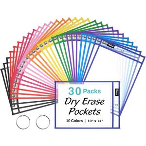 SUNEE 30 Packs Oversized Reusable Dry Erase Pocket Sleeves with 2 Rings, 10 Assorted Colors 10x14 Ticket Holders, Clear Plastic Sheet Protectors, Teacher School Classroom Supplies