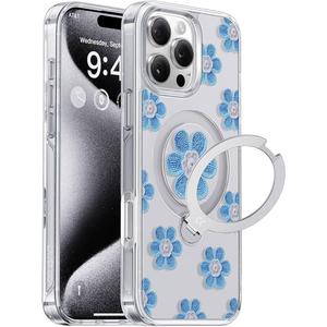 CASEKOO Floral Series Blue Flowers for iPhone 16 Pro Max Case with Magnetic Ring Stand [Compatible with MagSafe] [Military-Grade Protection] Fashion Clear Back, Soft Edge, for Women