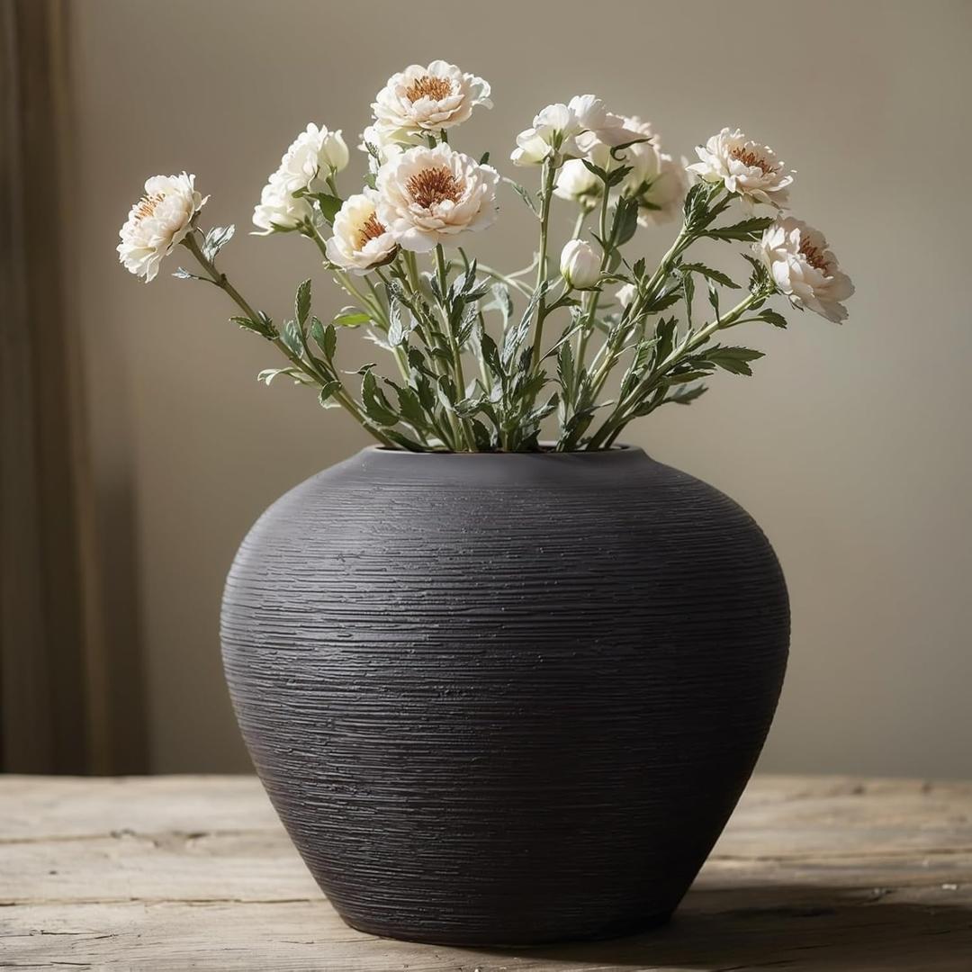 Rustic Ceramic Vase, 7" Black Farmhouse Tall Vase, Vintage Vases, Modern Terracotta Decor Vases for Home Decor, Living Room, Entryway, Table Centerpieces, Shelf, Kitchen, Housewarming Gifts