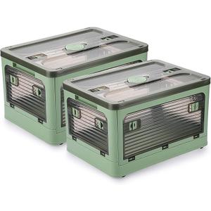 2 Pack Plastic 4 Doors Collapsible Storage Bins with Lid & Wheels, 36 Liters Folding Storage Bins, Stackable Multifunctional Box for Camping Clothes Snack Storage (Green)