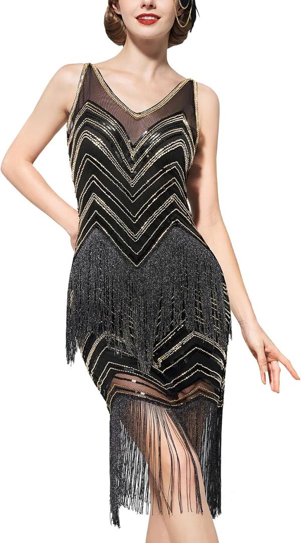 YESSA 1920s Flapper Dresses for Women,Lace V Neck Great Gatsby Dresses Fringed Roaring 20s Dresses (Small, Black Gold)