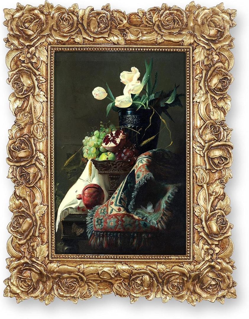 SIMON'S SHOP 5x7 Picture Frame Wall and Tabletop Photo Frames with Rose Flower and Buds Carvings, Vintage Home Decor (Gold)