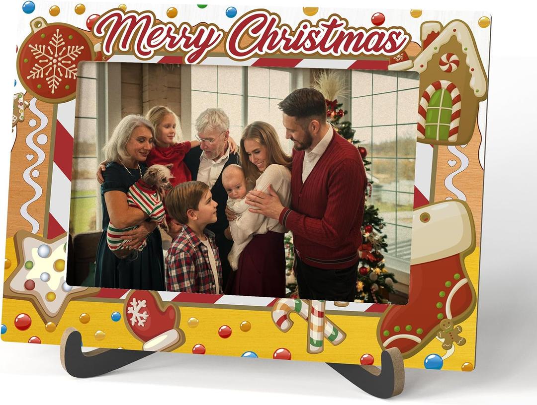 Merry Christmas Picture Frame, Winter Holiday Decorations Holiday Gifts,Gingerbread Men Theme Photo Frame Signs, Wooden Tabletop Photo Frame With Stand, Christmas Frame Gifts for Family Friends-C06