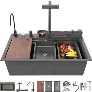 33x22x10 In Black Smart Kitchen Sink Digital Display Ambient Light Multifunction Waterfall Kitchen Sinks 8 Gauge Metal Black Stainless Steel Single Bowl Workstation Sink With Soap Dispenser