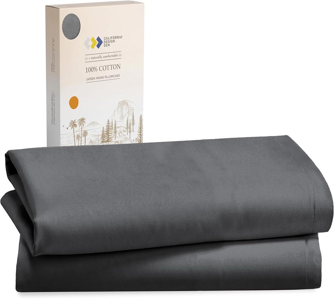 California Design Den 100% Cotton Pillow Cases Standard Size Set of 2, Soft & Cooling Sateen Weave Pillow Cases Queen (Grey)