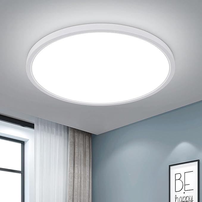 DELIPOP Flush Mount Ceiling Light, 12 Inch 24W Ultra Thin Square LED Ceiling Light, 6500K Cool White Low Profile Light Fixture for Living Room Bedroom Bathroom Kitchen Dining Room Corridor (White)