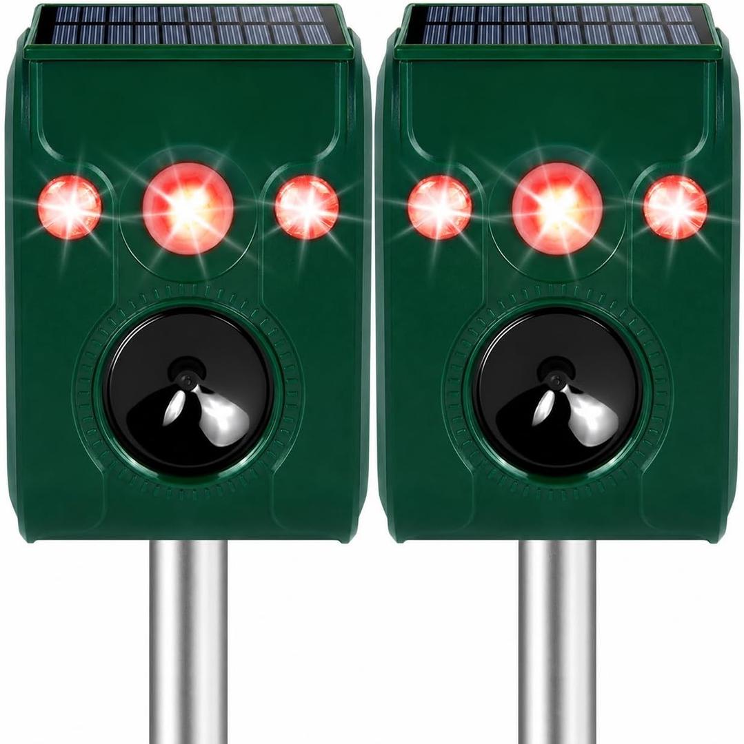 Solar Ultrasonic Animal Repellent, Deer Repellent, Cat Repellent Outdoor,Squirrels Repellent,Waterproof, Motion Detection Strobe Light Alarm Deterrence Raccoons,Bird, Dogs, Rabbits, Skunks.2-Pack