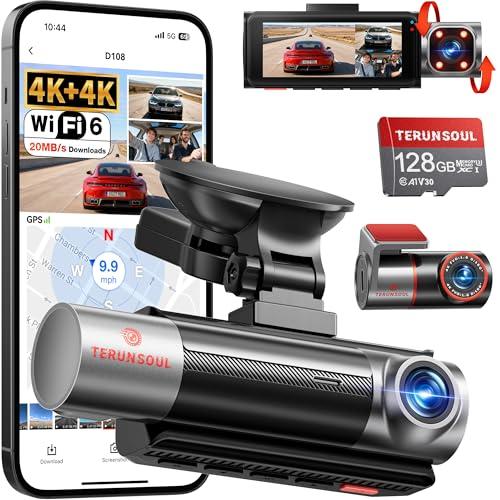TERUNSOUl 4K+4K+1080P Dash Cam Front and Rear with Cabin, Free 128GB Card Included, WiFi 6 - up to 20MB/s, IR Night Vision, Built-in GPS, G-Sensor, 170°Wide Angle, 24H Parking Mode, Support 512GB Max