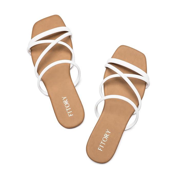 FITORY Women's Slide Sandals, Chic Cross-Strap & Comfy Flat shoes for Summer White, Size 10