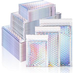 50 Pieces Metallic Bubble Mailers, Self-Seal Poly Padded Envelopes, Waterproof Holographic Bubble Shipping Envelopes for Mailing, Packing, Small Business