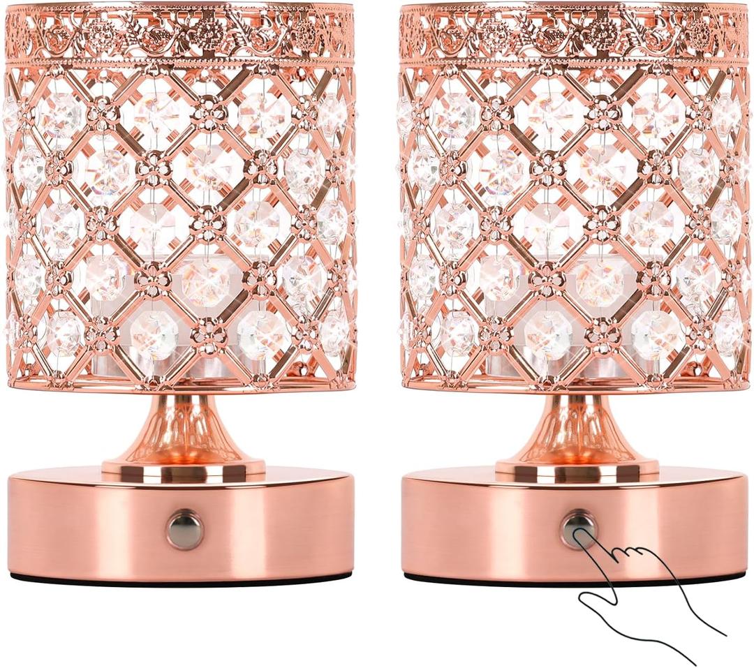 TOBUSA Crystal Rechargeable Cordless Table Lamps Set of 2, Wireless Lamps with 3 Color Temps & Stepless Dimming, Portable 6000mAh Battery Operated Lamps, Rose Gold Small Desk Lamps for Bedroom Bar