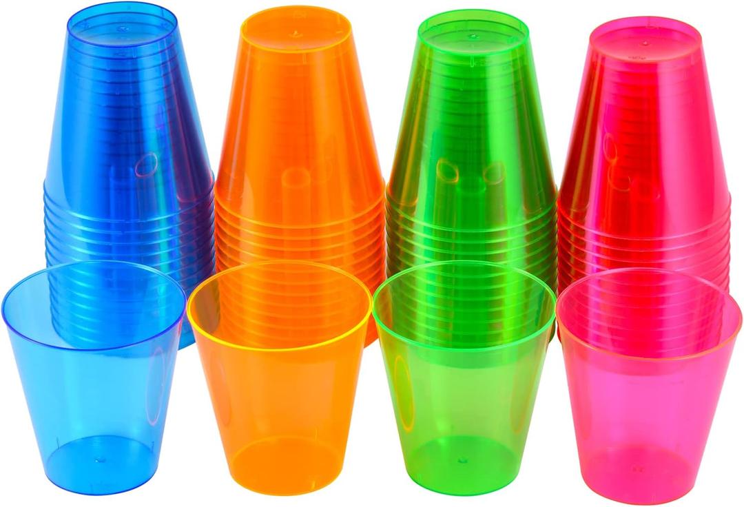 250 Pack 2oz Disposable Hard Plastic Cups Shot Glasses, Jello Cups, Iridescent Neon Birthday Christmas Party Supplies