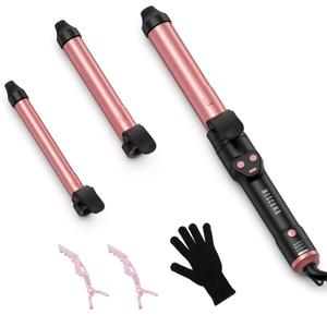 Automatic Curling Iron 1 Inch with 3-in-1 Interchangeable Barrels, Anti-Tangle Beach Waves Hair Curler, Beginner Friendly Dual Voltage Travel Curling Wand for Long Short Hair Pink, Gifts for Women Pro