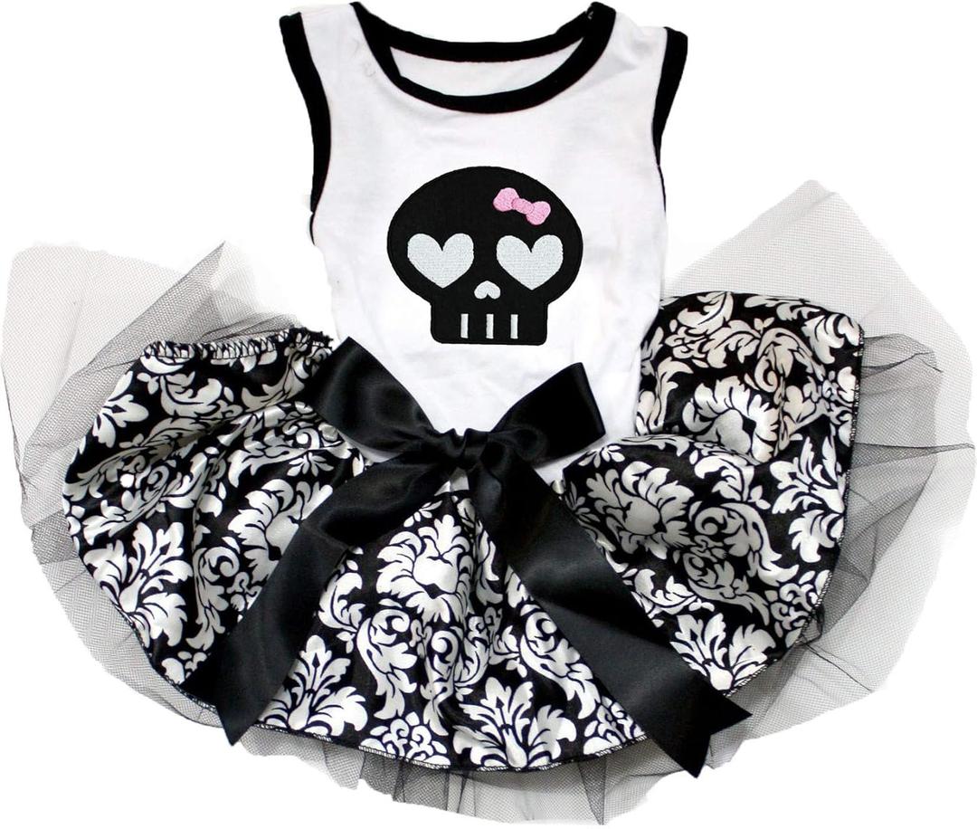 Petitebella Black Skull Face Puppy Dog Dress (White/Damask, X-Small)