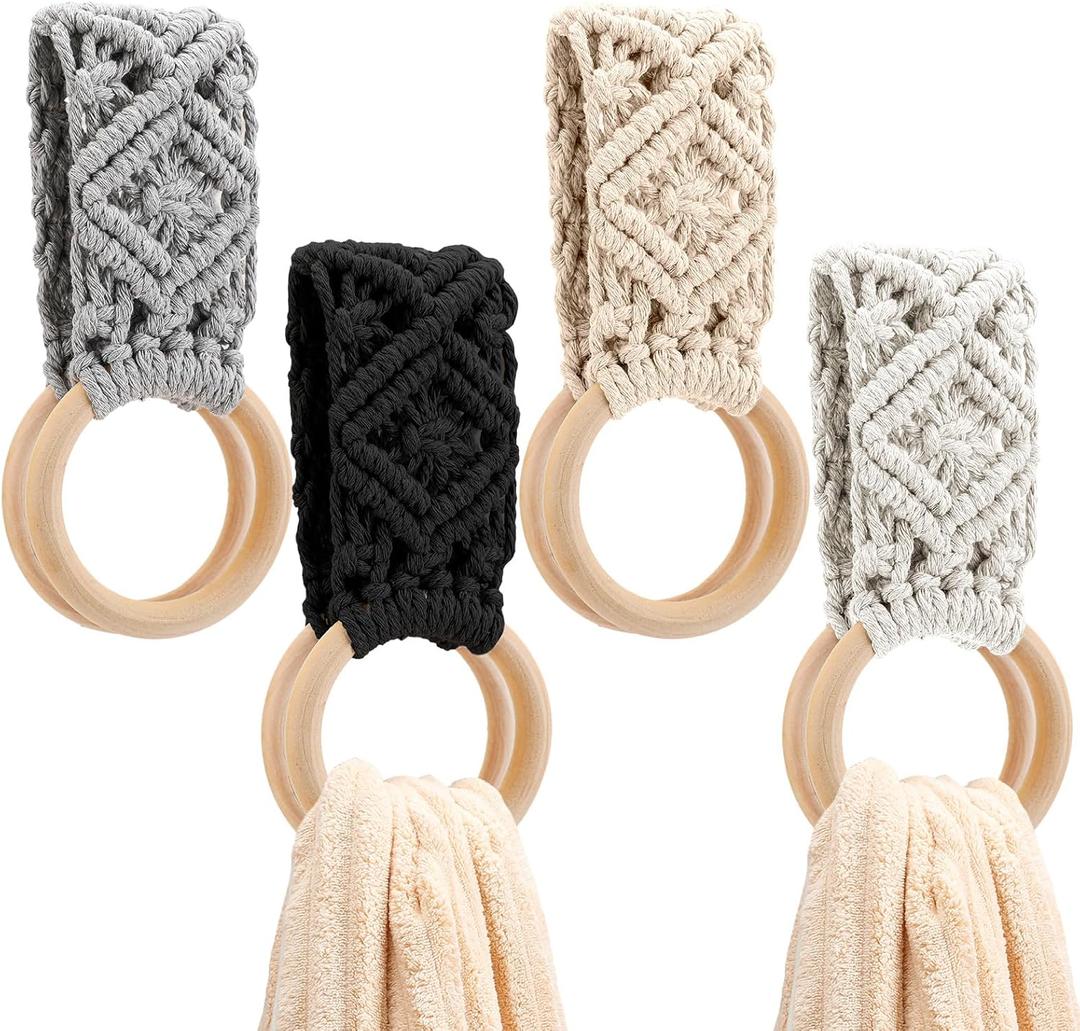 Tioncy 4 Pcs Kitchen Dish Towel Holder Gifts for Mother Boho Handmade Crochet Hanging Towels Loop Ring Knit Towel Hanger for Cabinet House Oven Stove Door, 4 Colors(Gray)