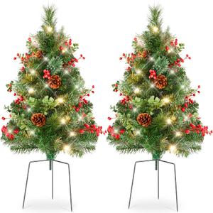 Best Choice Products Set of 2 24.5in Outdoor Pathway Christmas Trees, Battery Operated Pre-Lit Holiday Dcor w/LED Lights, Red Berries, Pine Cones