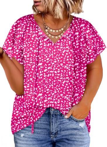Eytino Women Plus Size Tops Boho Printed V Neck Short Sleeve Drawstring Casual Chiffon Shirts Blouse, 2XL