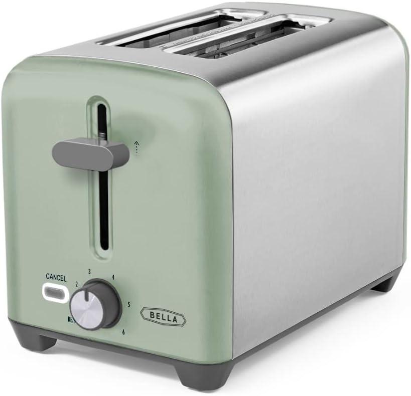 BELLA 2 Slice Toaster, Quick & Even Results Every Time, Wide Slots Fit Any Size Bread Like Bagels or Texas Toast, Drop-Down Crumb Tray for Easy Clean Up, Stainless Steel and Sage