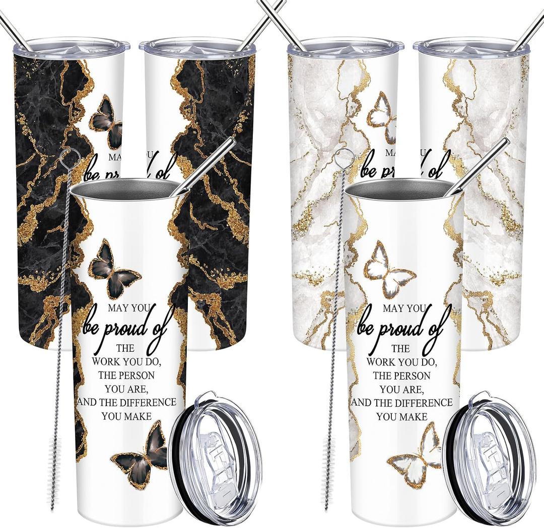 Geiserailie 2 Pack End of Year Teacher Appreciation Gifts Bulk for Nurse Skinny Tumblers with Lids and Straws 20 oz Thank You Cups Bulk Gifts for CNA Week Employee Coworker Staff Team (Black White)