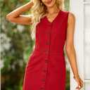 LookbookStore Women Sleeveless V Neck Button Down Frayed Hem Short Denim Dress (Red, XXL)