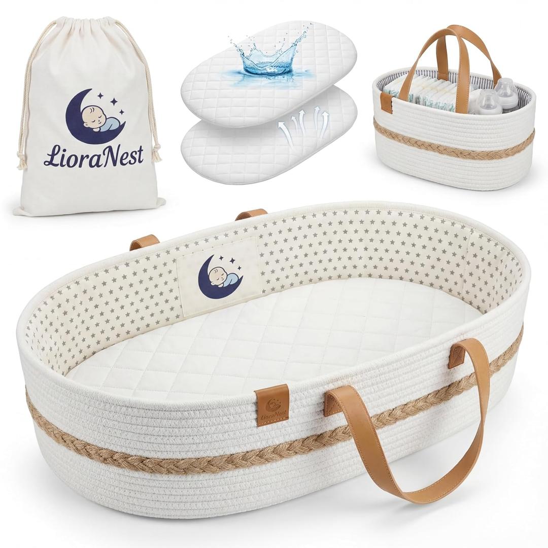 Baby Changing Basket for Dresser with Waterproof Changing Pad, Organic Cotton Rope Diaper Changing Basket Set with Diaper Caddy, Moses Basket Style Nursery Changing Basket for Changing Table