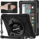 BRAECNstock for Amazon Fire HD 8 Tablet Case (12th Generation, 2024/2022) 8" Shockproof Protective Kids Case with [Rotating Hand Strap+Stand], Pen Holder, Shoulder Strap, Black (Fire HD 8 12th Gen 2024/2022, Hand Strap--Black)