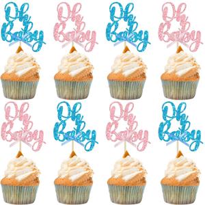 Gyufise 36Pcs Oh Baby Cupcake Toppers Pink Blue Bow Glitter Baby Shower Gender Reveal Cupcake Picks for Boy or Girl Theme Baby Shower Kids Birthday Party Cake Decorations Supplies
