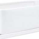 10 inch Rectangular White Ceramic Planter Pot Succulent Cactus Herb Flower Container Window Box Saucer Removable Drip Tray Base Drain Holes Home Office Indoor Outdoor Garden Desktop, 10.6 Inches
