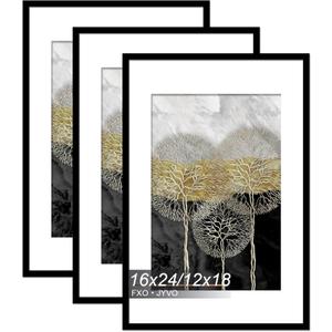 Fxojyvo 16x24 Picture Frame Set of 3, Display Poster 12x18 with Mat or 16 x 24 Without Mat, Light Weight and High Transparent 16 by 24 Frame for Wall - 3 Pack/Black/16 x24