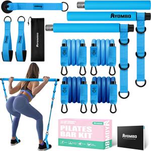 Ayombo Pilates Bar Kit with Resistance Bands, Pilates Workout Equipment for Legs, Hip, Waist, Arm, Squats Exercise Equipment for Home Workouts, Adjustable 3-Section Pilates Bar Kit for Women & Men