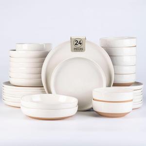AmorArc Ceramic Dinnerware Sets with Pasta Bowls for 6, Handpainted Plates and Bowls Set with Rustic Terracotta Underside, Scratch Resistant Dishes Set, Dishwasher & Microwave Safe, 24 Pcs