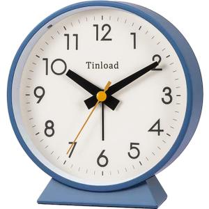 Tinload 4.5" Battery Operated Analog Alarm Clock, Small Silent Bedside Desk Clock with Night Light, Blue