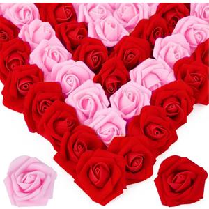 100Pcs Real Looking Red Pink Ombre Artificial Rose Flower Heads, Foam Fake Roses for DIY Wedding Decorations Baby Shower Centerpieces Home Party Valentine's Day Mother's Day Decor