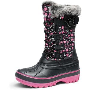 DREAM PAIRS Boys Girls Snow Boots Water-Resistant Outdoor Warm Cozy Anti-Slip Mid Calf Faux Fur Lining Insulated Winter Shoes for Little/ Big Kids, Size 11 Little Kid, Black/ Pink, KRIVER-1