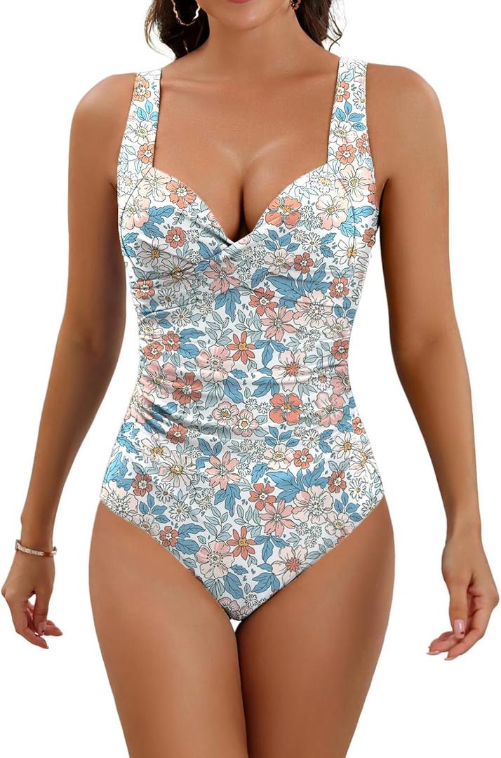 Eomenie Women's One Piece Swimsuit Tummy Control Slimming Push Up Bra Bathing Suits Wrap Twist 1 Piece Swimwear (Blue Floral Print)