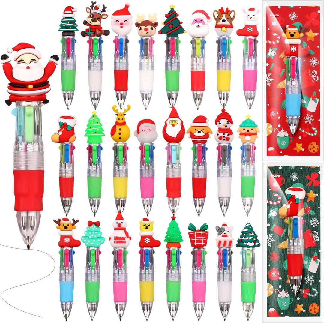 50 Pcs Multicolor Christmas Ballpoint Pens 4 in 1 Fun Retractable Holiday Ink Pen 0.7 mm Santa Claus Snowman Reindeer Writing Pen for Students Prizes Christmas School Office Supplies Gifts