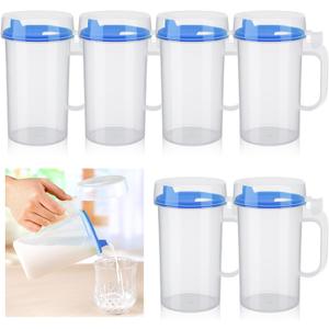 Newtay 6 Pack Early Learning Kids Easy Pouring Mini Pitchers Clear Plastic Pitcher with Lid and Handle Easy Pour Bottles 16 Oz. Jugs with Lids for Classroom Nursery Home (Blue)