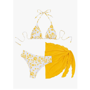 SHENHE Women's 3 Piece Floral Bikini Set with Wrap Coverup Halter Triangle Swimsuits L