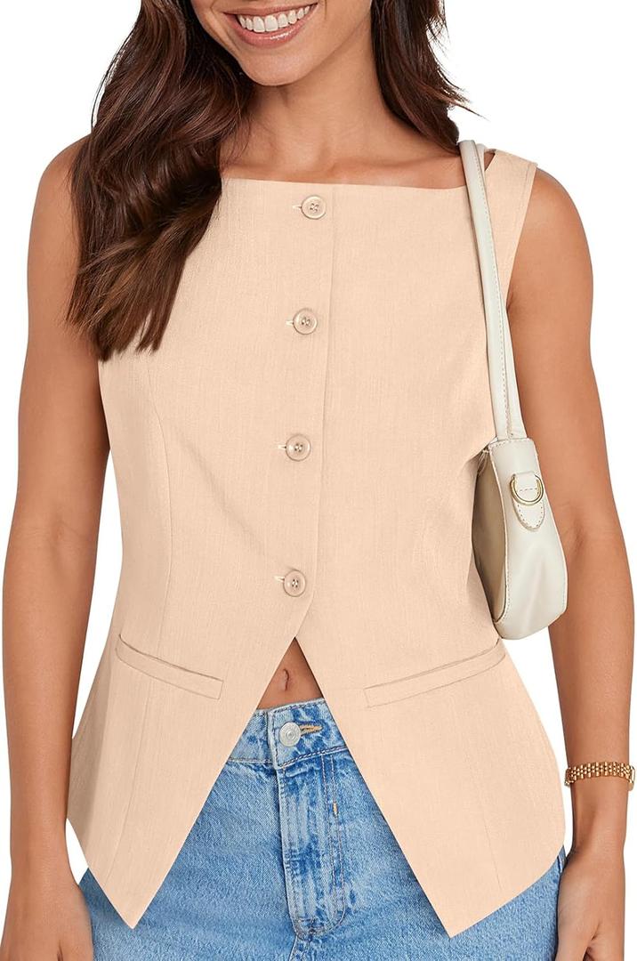 UEU Women's Button Sleeveless Boat Neck Vest Tops Trendy Dressy Fashion Business Work Strapless Going Out Wedding Blazer Suit Waistcoat Outerwear Coat Apricot XL