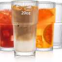 INSETLAN 20oz Ribbed Glass Tumbler Set of 4 – Large Capacity Drinking Glasses for Iced Coffee, Water, Juice, and Cocktails – Elegant Modern Glassware for Everyday Use and Special Occasions
