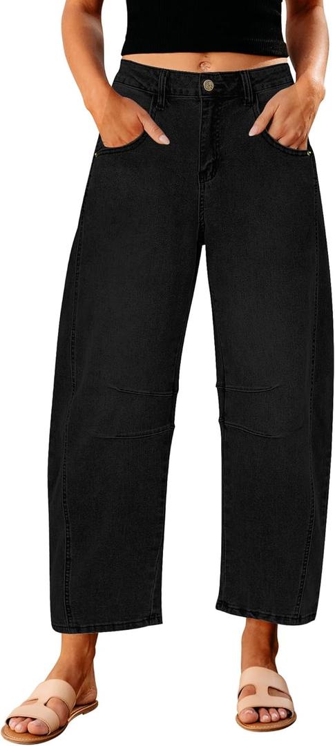 GRAPENT Barrel Jeans for Women Trendy High Waisted Wide Leg Baggy Cropped Relax Fit Stretch Denim Trouser Ankle Pants (Black, S)