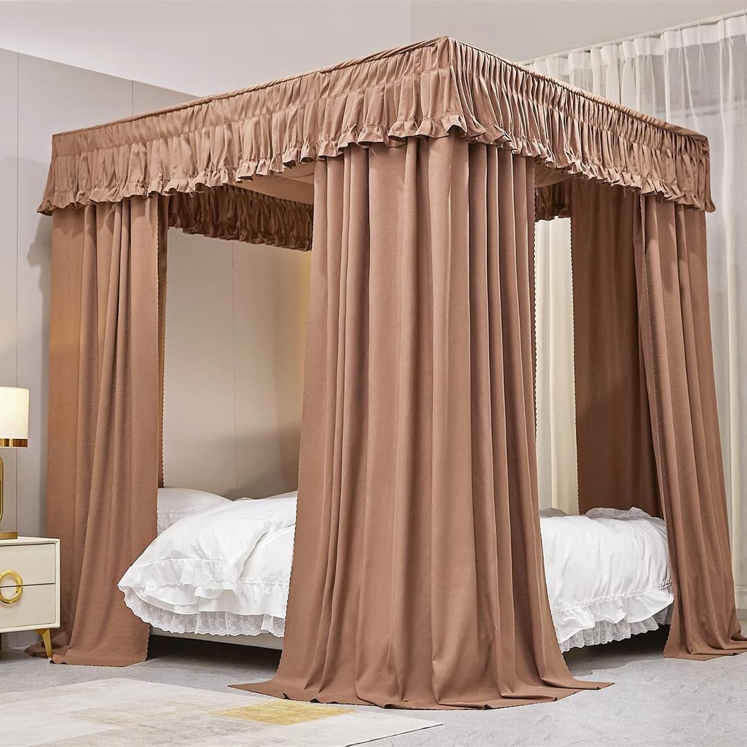VETHIN Elastic Roof Style Four Corner Post Princess Bed Canopy Curtains Cozy Breathable Tent Canopy Mosquito Net for Girls & Adults Bedroom Decoration (Brown, 70-78" W*86" L*82"*H/(King))