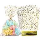 COQOFA 100 Pcs Star Printed 5"X 7" Gift Wrap Cello Cellophane Treat Bags Party Favor bags Clear Candy Cookie Bag Plastic Poly Goodie Storage Bag with Twist Ties for Bakery,Birthday, Wedding ,Party Decorations (Gold)