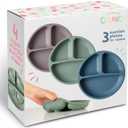 ChriKid Toddler Plates - FEATURES SUPER STRONG QUADRUPLE SUCTION - 100% Food Grade Silicone Baby Plates with Suction - Unbreakable Divided Kids Plates, Baby Essentials Dishes, Matt Grey, Green & Blue