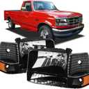 Headlights for 1992-1996 Ford F150 Bronco, LED Headlight Assembly for 92-97 F250 F350 Super Duty, Black Housing Amber Reflector