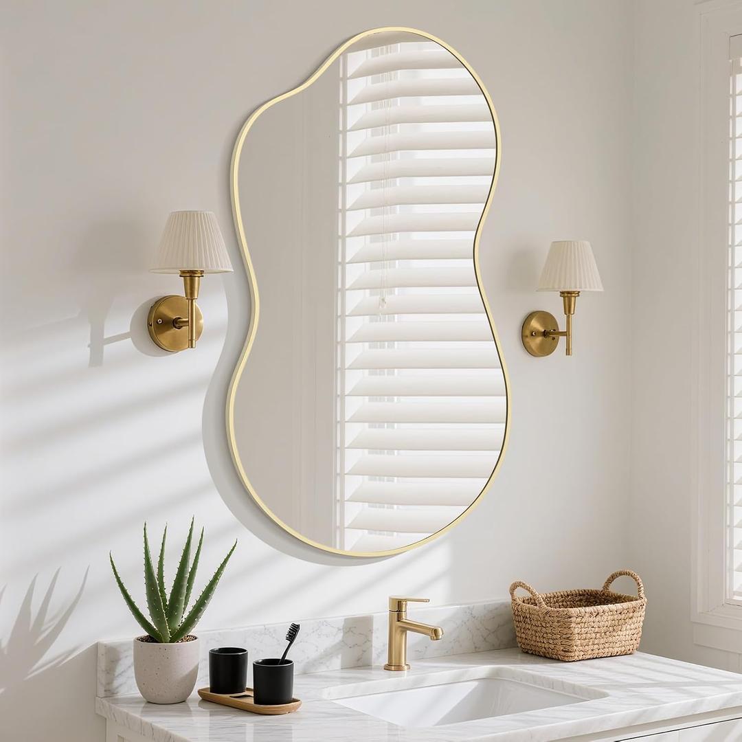 HOMECOOKIN 46" H x 26" W Irregular Wall Mirror, Asymmetrical Decorative Mirror with Gold Aluminum Frame, Wavy Abstract Gold Mirror, for Living Room, Bedroom, Bathroom, Entryway, Cloakroom