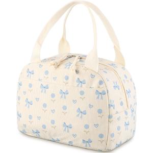 Blue Bow and Flower Lunch Bag Cute Corduroy Insulated Lunch Box for Women Coquette Tote Bag Reusable Large Capacity Cooler Containers Preppy Stuff Gifts for Picnics Travel Outdoor