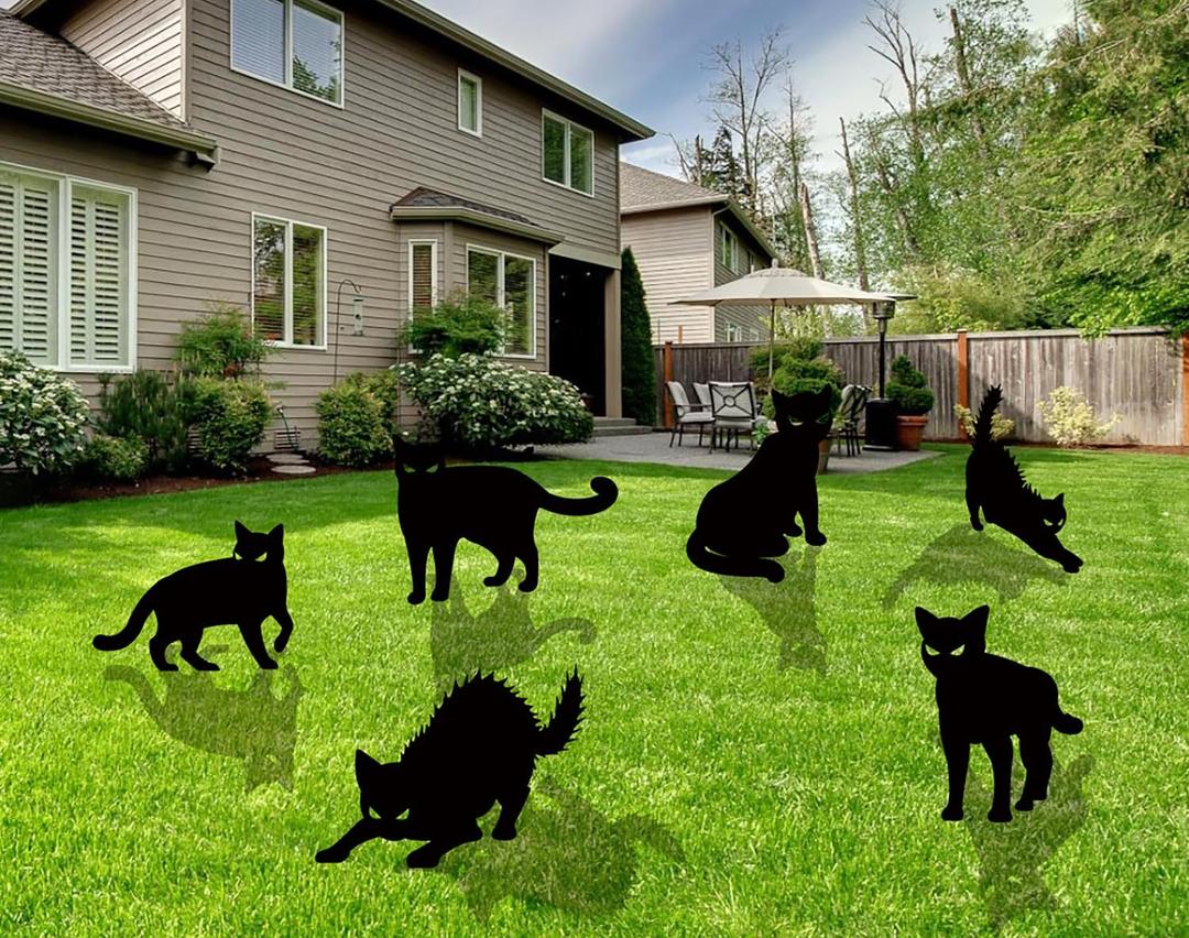 Halloween Yard Signs - 6 PCS Black Cat Decorations with Stakes for Outdoor Scary Silhouette with Glowing Eyes Waterproof Corrugated Plastic Lawn Decor