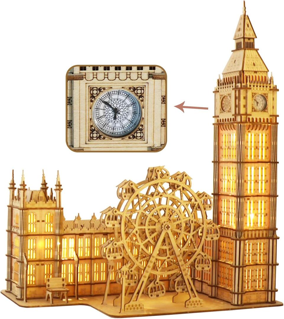 Music Park 3D Wooden Puzzles Big Ben Mechanical Real Clock with Night Light DIY Model Building Kits for Adults to Build Ferris Wheel Hobbies and Birthday Valentine's Day Gifts Home Decoration